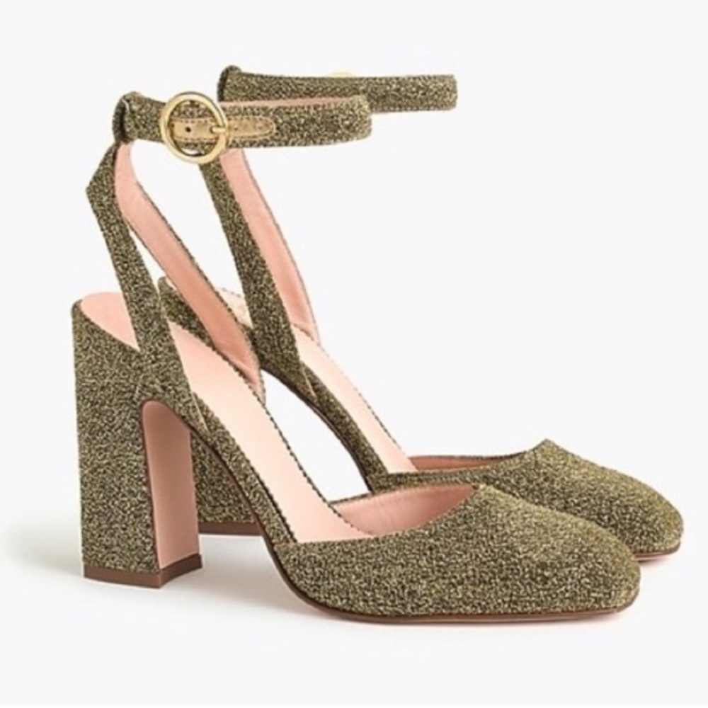 J. CREW Harlowe Ankle Strap Block Heels Gold Glitter Size 9